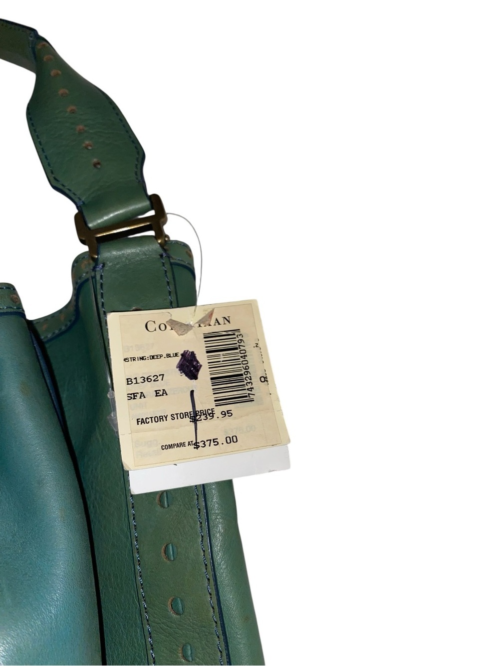 Y2K Vintage Cole Haan Teal Leather Drawstring brass studded Hobo Bag Boho fairy - Picture 6 of 13